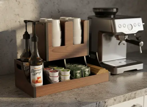 A sleek wooden coffee station organizer holding cups, syrup bottles, creamers, and tea bags next to a modern espresso machine on a kitchen counter.