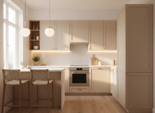 Modern minimalist kitchen featuring beige shaker cabinets, white tile backsplash, orb pendant lights, and woven bar stools at a white waterfall island.