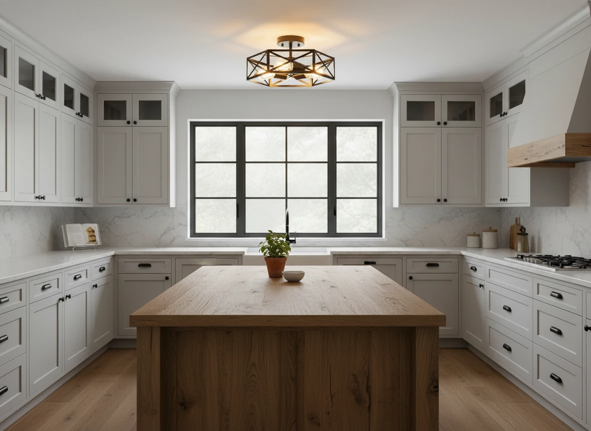 Modern Farmhouse Semi Flush Mount Ceiling Light,Industrial Black Ceiling Lighting Fixture,Hexagonal Close to Ceiling Lights for Kitchen,